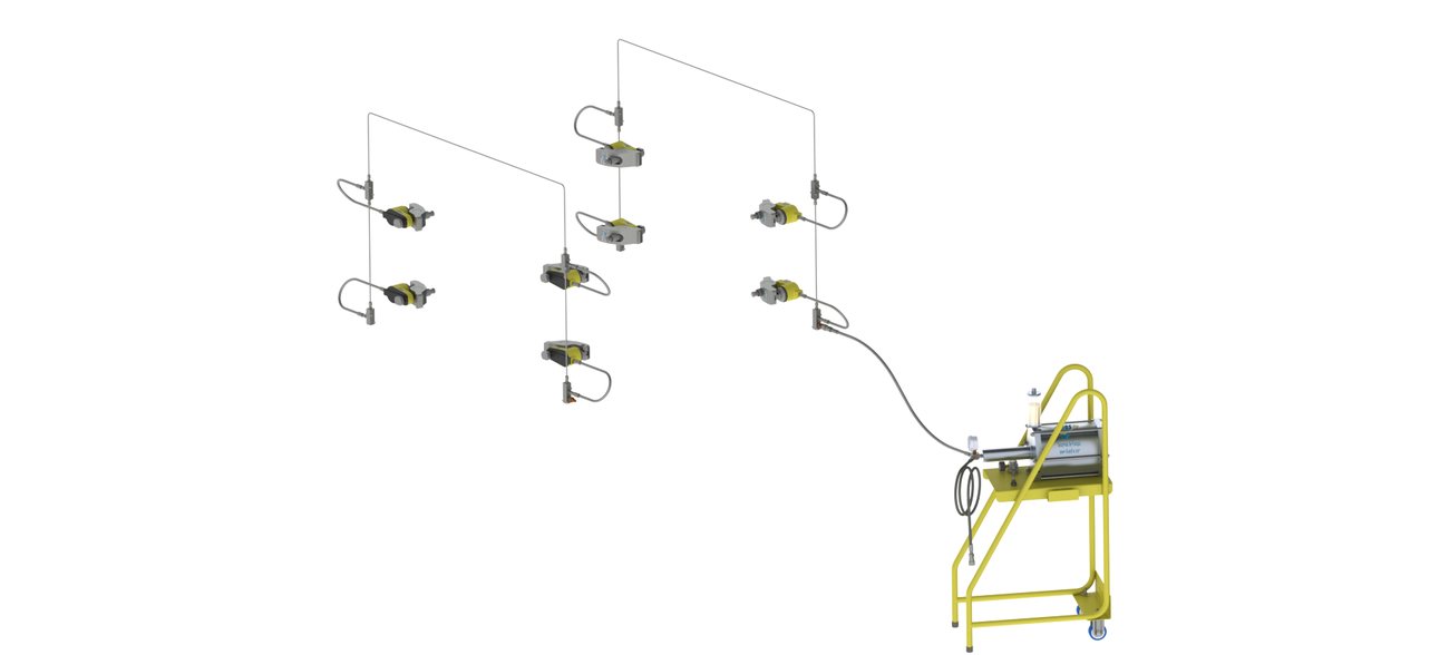 Diagramm: mobiles Hydraulikaggregat verbunden mit mehreren Spannelementen