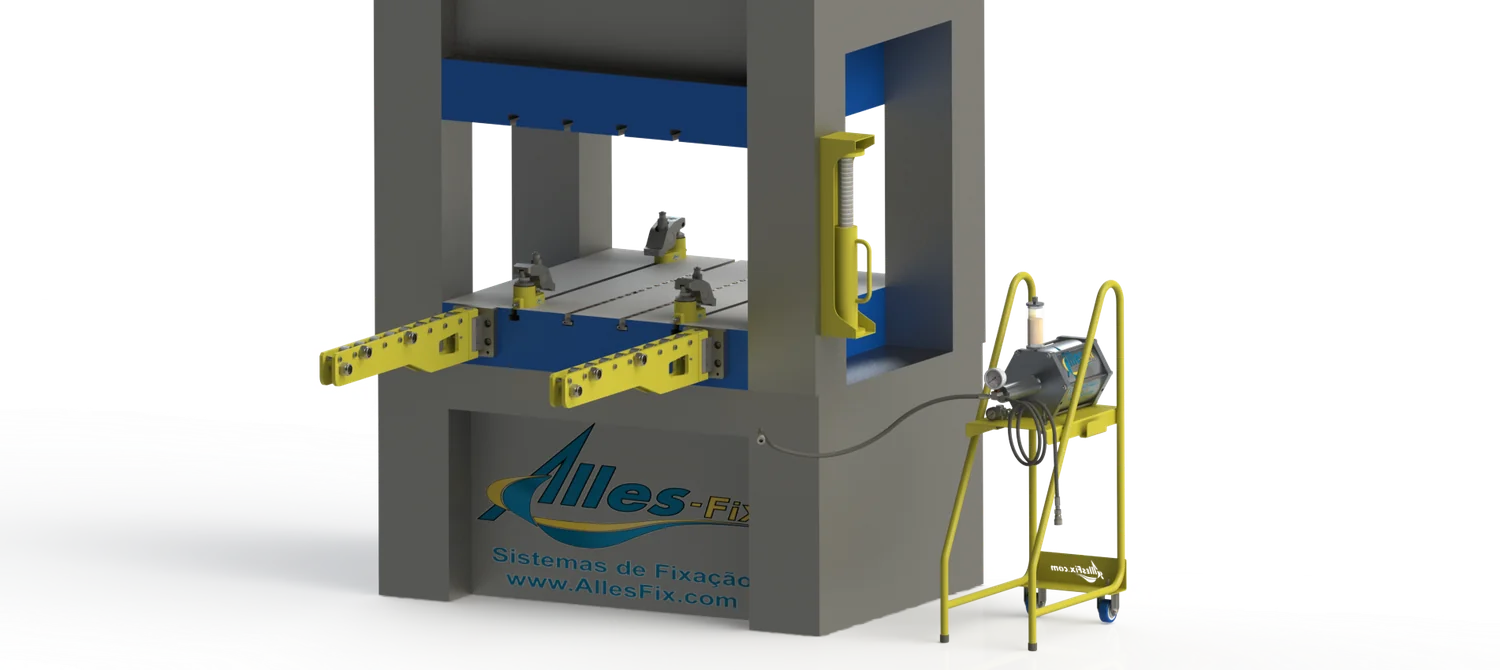 Alles-Fix System an einer Presse installiert: Spannelemente, Rollenleisten und mobiles Hydraulikaggregat